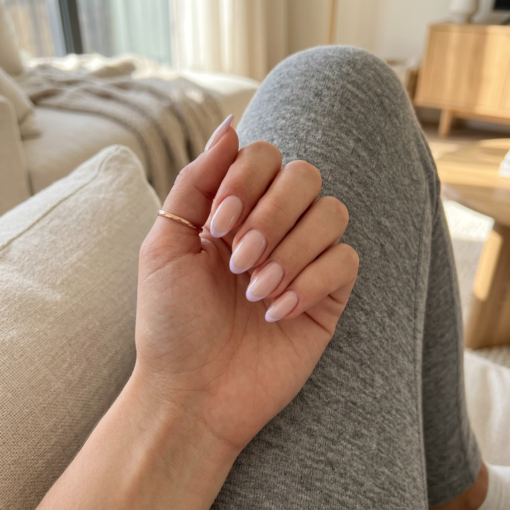 Lavender Haze Micro French Almond Nails 2026 Almond summer nails 2026 for fair skin: Lavender Haze Micro French. Milky nude base with lavender micro French and pearl.