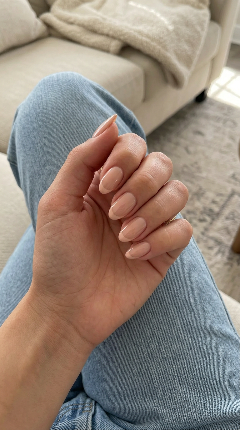 Sheer Nude French Tip Almond Nails 2026 Almond summer nails 2026 for fair skin: Sheer Nude French Tip. Sheer nude base with a deeper nude French tip.
