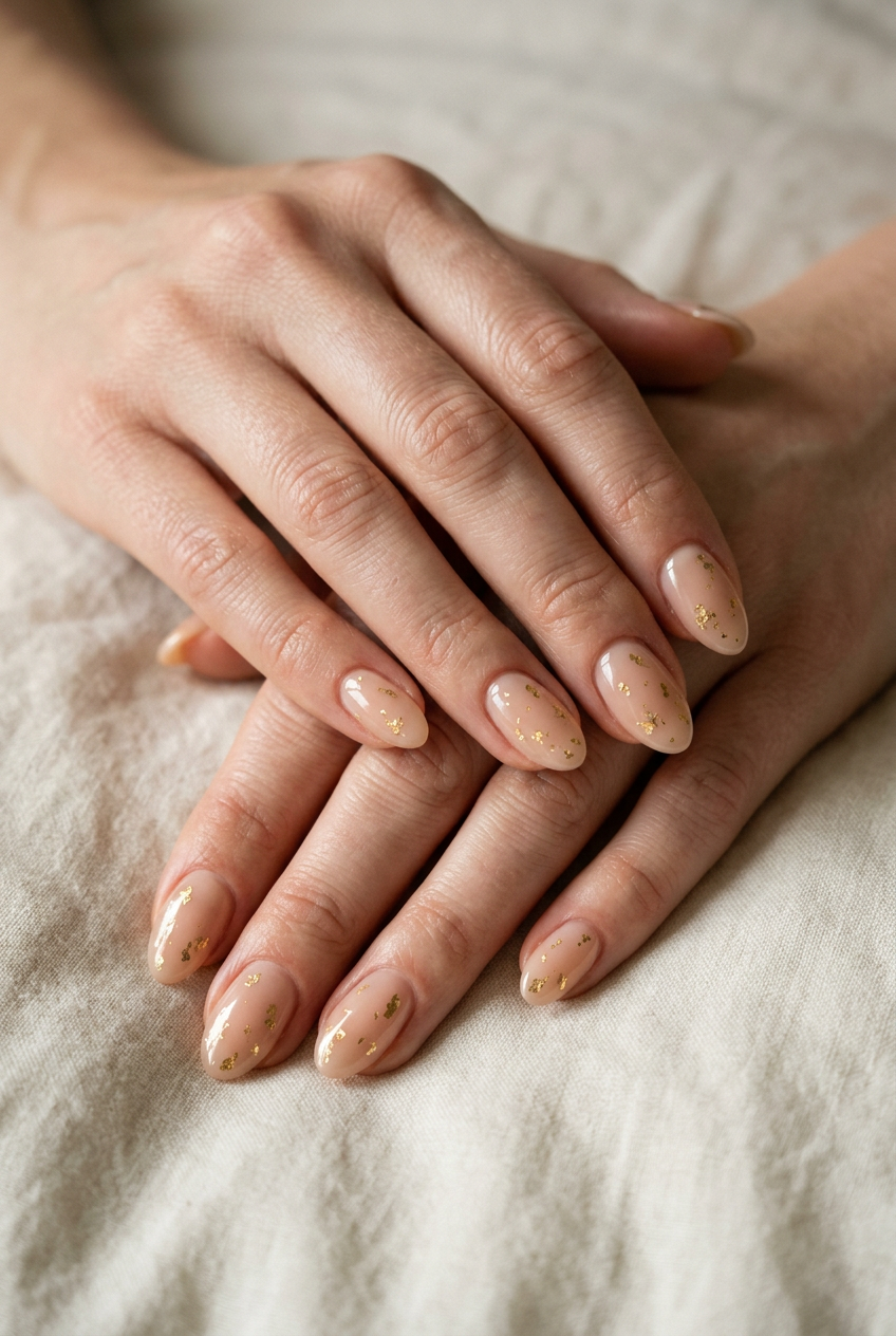 Dewy Nude Gold Flake Almond Nails 2026 Dewy nude almond nails with gold flakes for fair skin, perfect for summer bridal or daily wear.