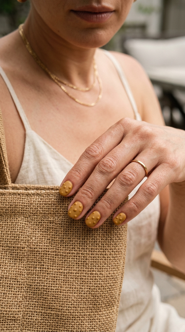 Mustard Yellow Textured Dot Nails 2026 Mustard yellow textured dot nails for summer casual 2026. Bohemian artistic vibe.
