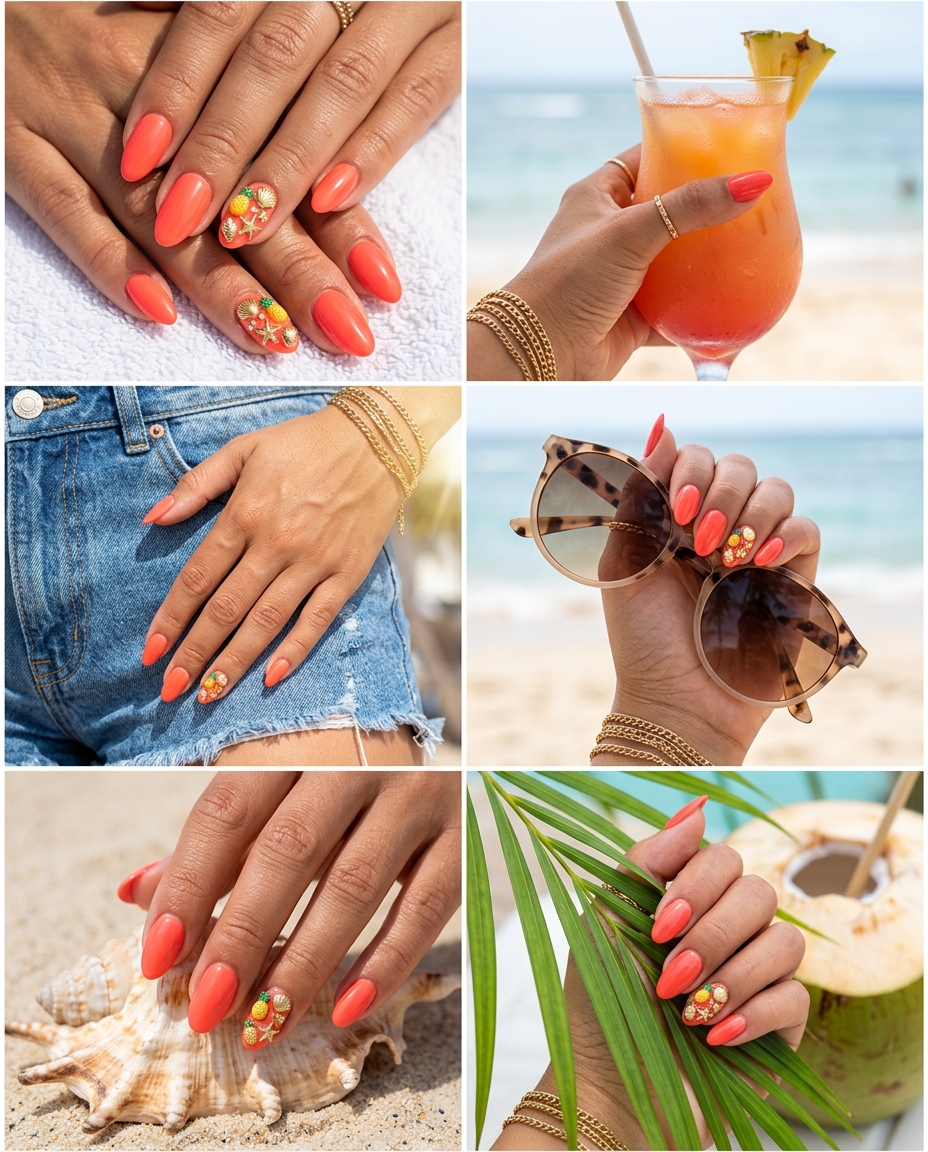 Bright coral 3D charms almond nails for summer vacation and beach parties. Cute summer nails 2026.