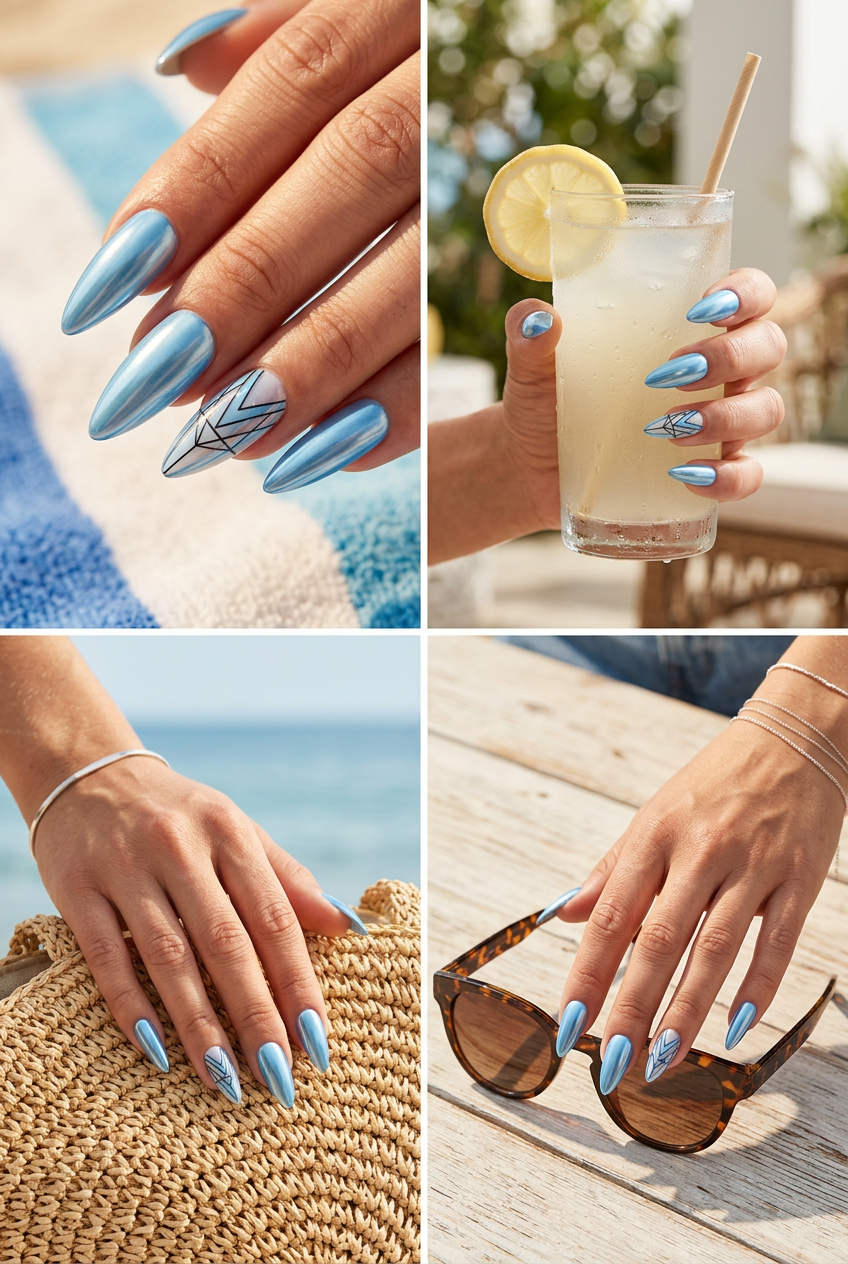 Icy blue chrome accent stiletto nails for a futuristic party or night out. Cute summer nails 2026.