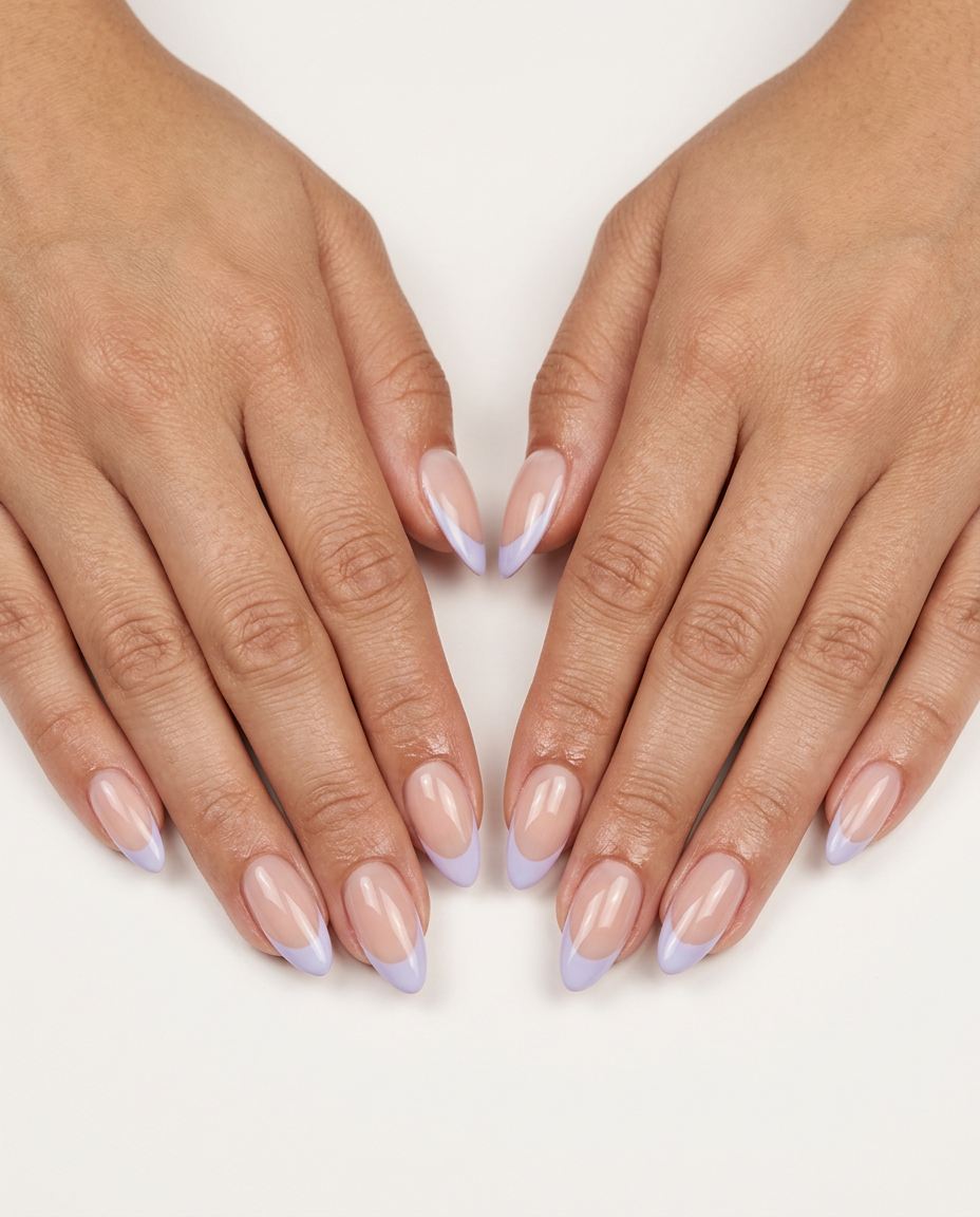 Icy lavender French tip almond nails for weddings and romantic dates. Cute summer nails 2026.