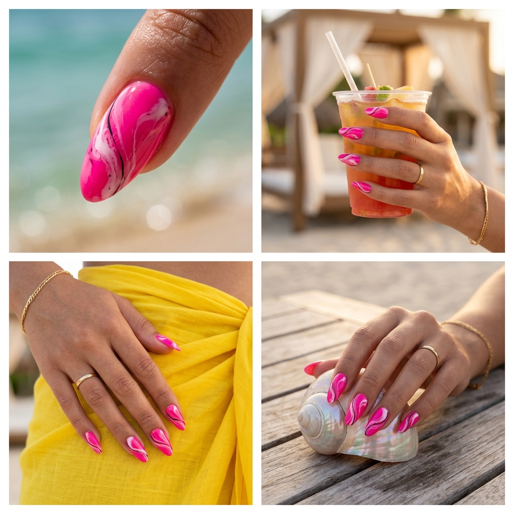 Hot Pink Abstract Marble Almond nails: edgy summer colorful nails designs 2026 for nights out.