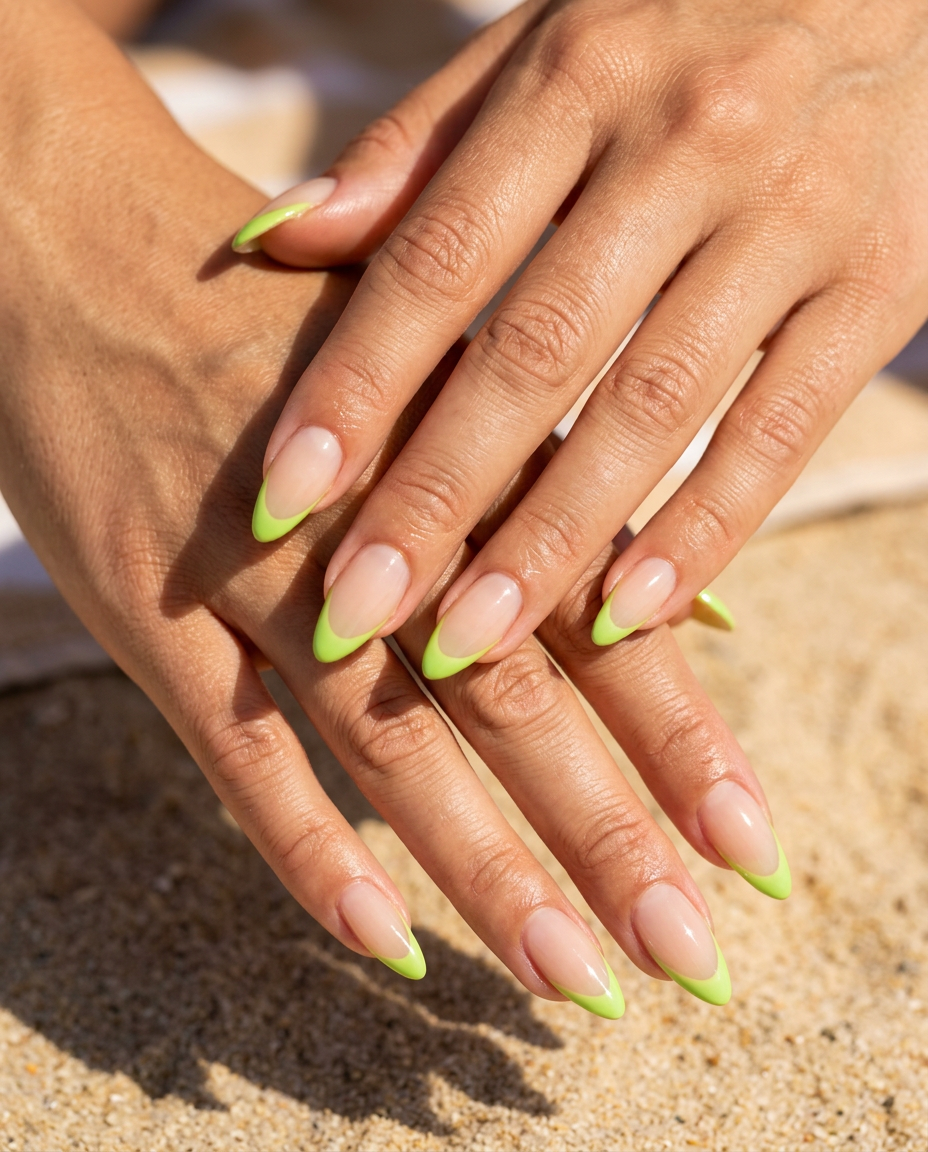 Lime Green Micro French Stilettos 2026 Lime green micro French stiletto nails for casual weekends. Stiletto summer nails 2026.