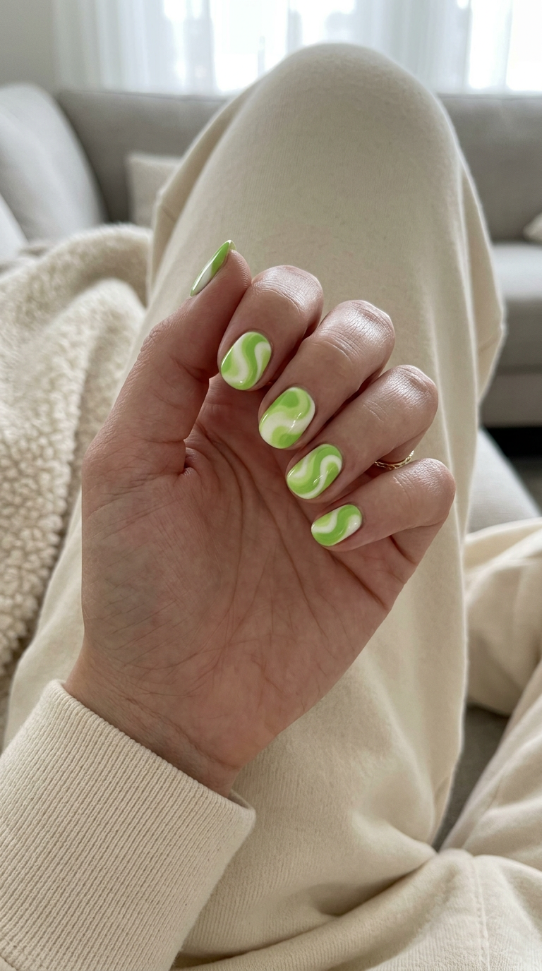 Playful lime green coconut zest swirl nails for festivals 2026. Refreshing short rounded gel polish.