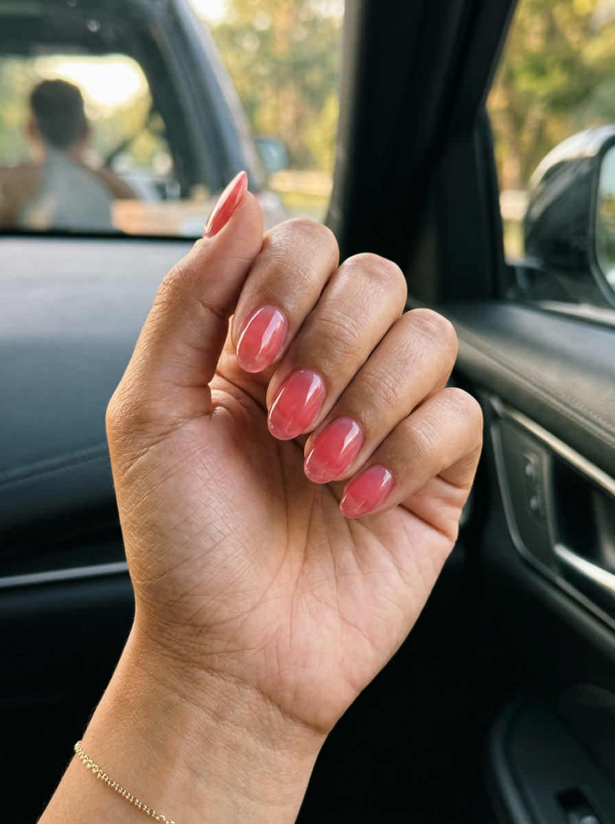 Juicy Watermelon Pink Sheer oval nails: vibrant pink jelly finish for vacation and summer BBQs.