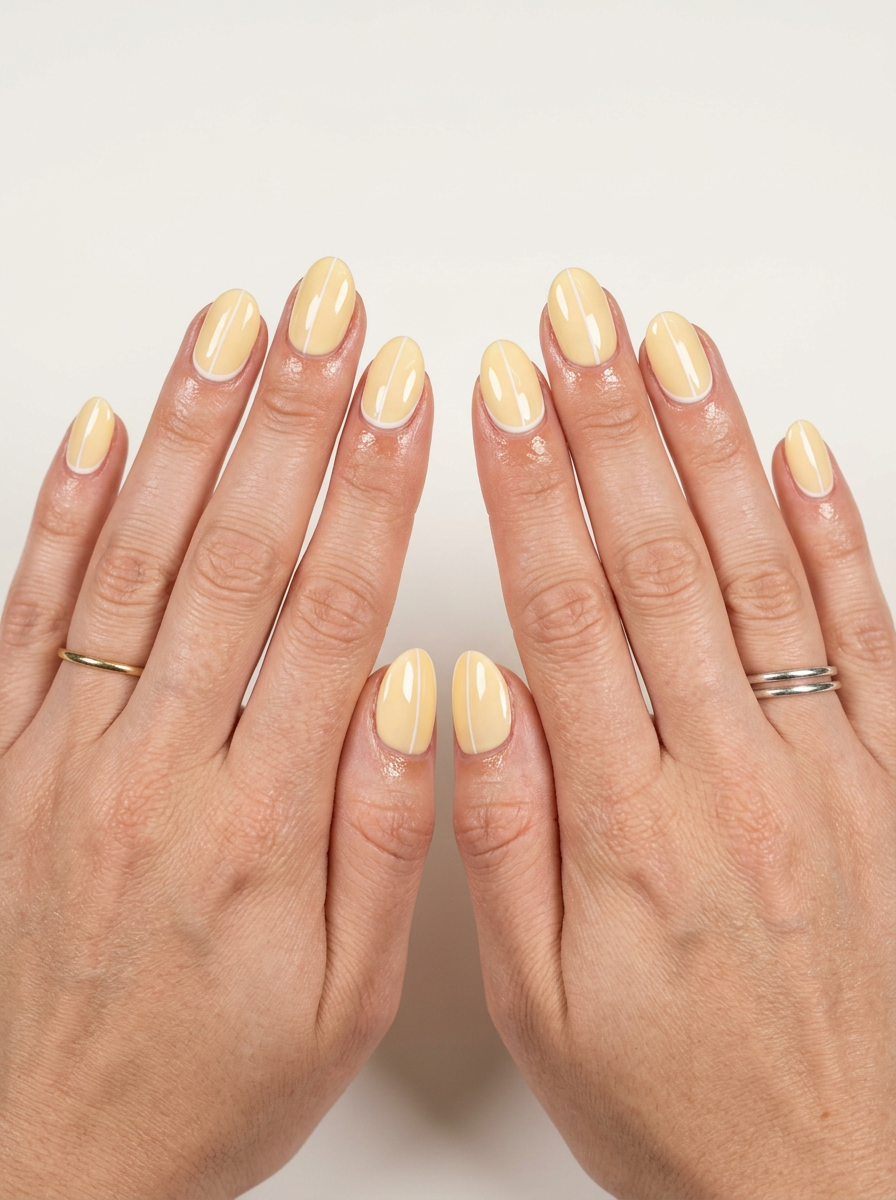 Buttercream Yellow Subtle Lines oval summer nails 2026 for all skin tones. Minimalist yellow with white line art.
