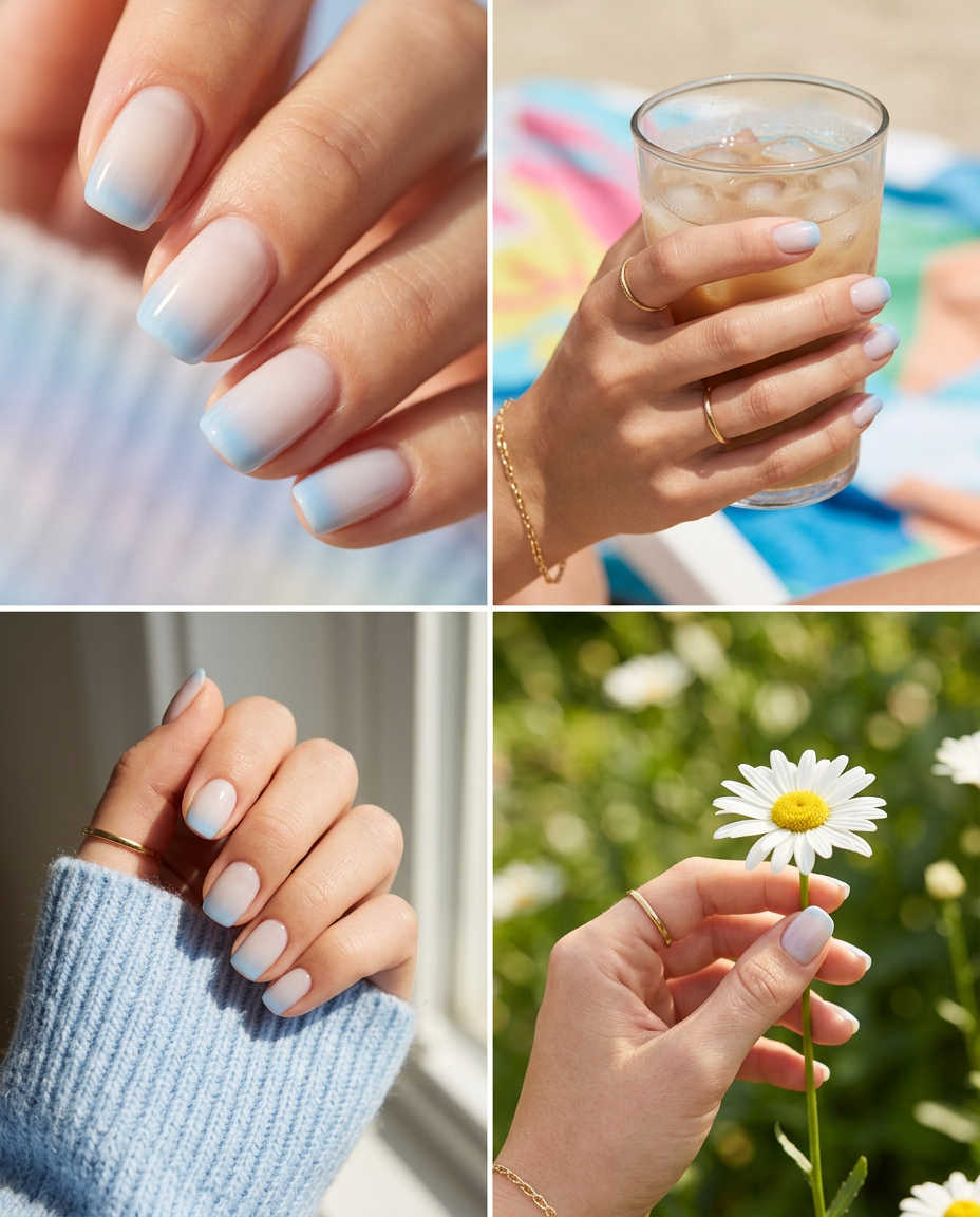 Summer Gel Nails Short Simple 2026: Aura French Tips Short simple summer gel nails 2026: Light blue aura French tips on squoval nails for vacation.