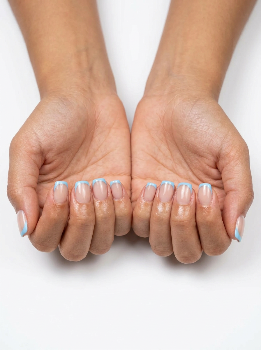 Summer Gel Nails 2026: Sky Blue French Short simple summer gel nails 2026: Summer Sky Reverse French for vacation. Refreshing & clean.