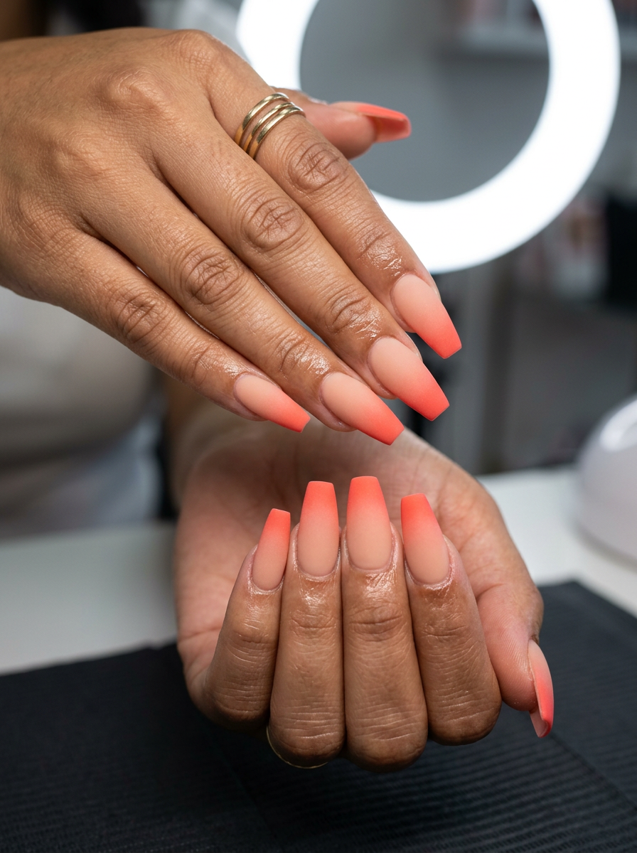 Sultry sunset velvet ombre nails in warm nude and vivid coral for a luxurious summer evening. Colourful summer nails 2026.