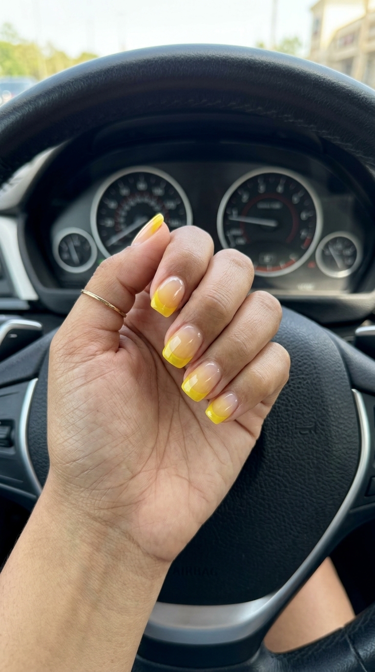 Summer Classy Nails 2026: Citrus French Pop Jelly Yellow Citrus French Pop Jelly Yellow nails for summer classy nails 2026. Playful square nails with sheer yellow jelly tips.
