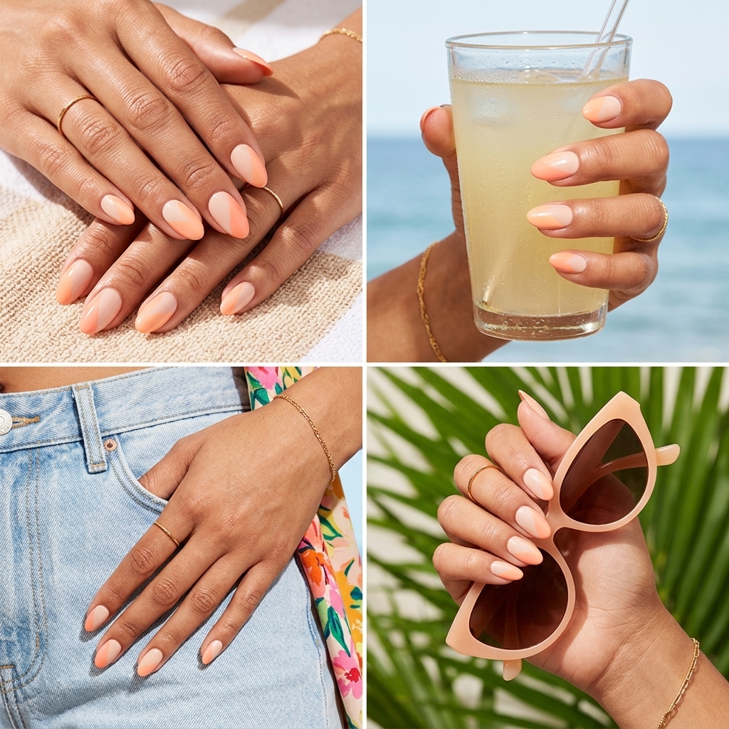 Chic peach and nude color block simple summer nails 2026 for vacation and brunch. Modern geometric design.