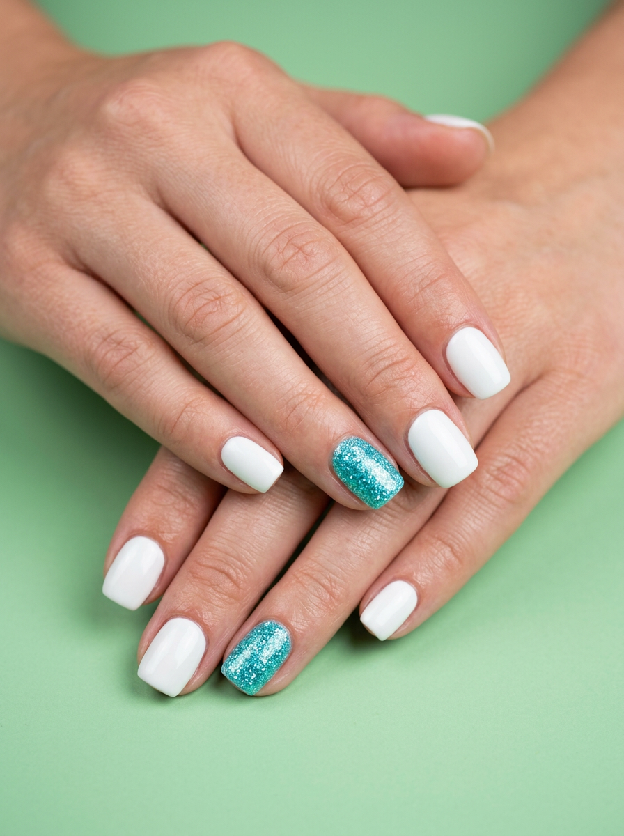 Ocean pop accent square nails for summer glitter nails 2026. Opaque white with concentrated aqua glitter accent.