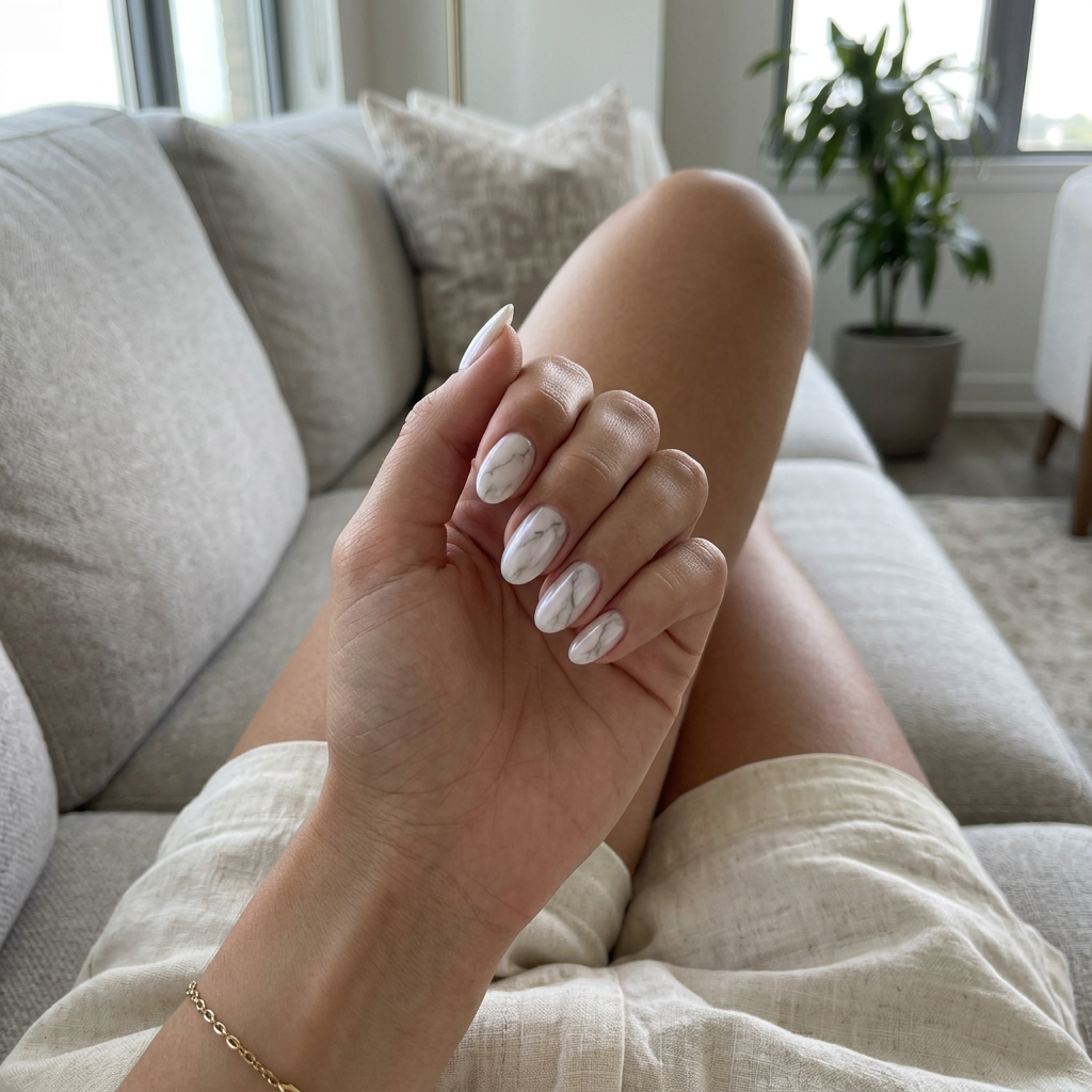 Carrara Marble Sheer Vacation: Elegant vacation nails summer 2026 with sheer milky white and grey marble.