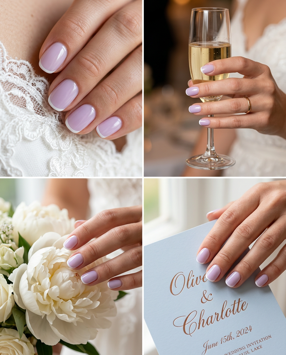 Lavender Micro French Oval Nails | Summer Wedding Nails 2026 Light Lavender Micro French Oval Elegance nails for summer wedding nails 2026. Dainty, chic, minimalist sheer lavender with white tip.