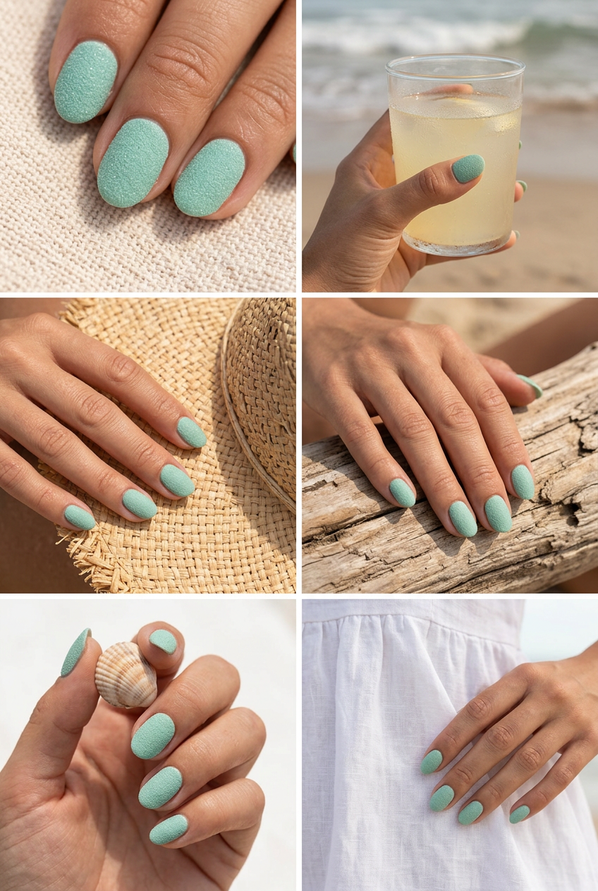 Earthy short round summer nails 2026: Seafoam green with a tranquil sandy texture for beach days.