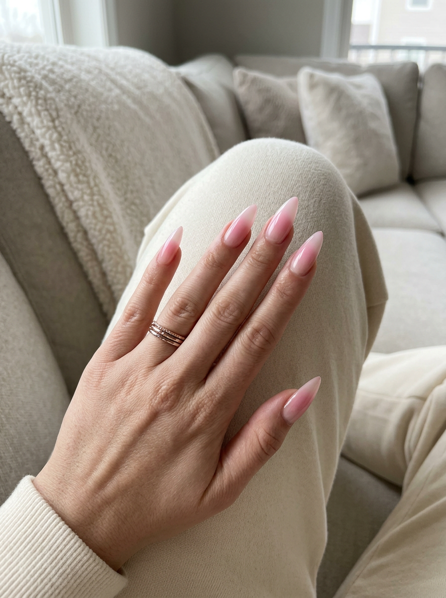 Bubblegum pink aura stiletto nails for date night or summer party, featuring solid summer nails 2026.